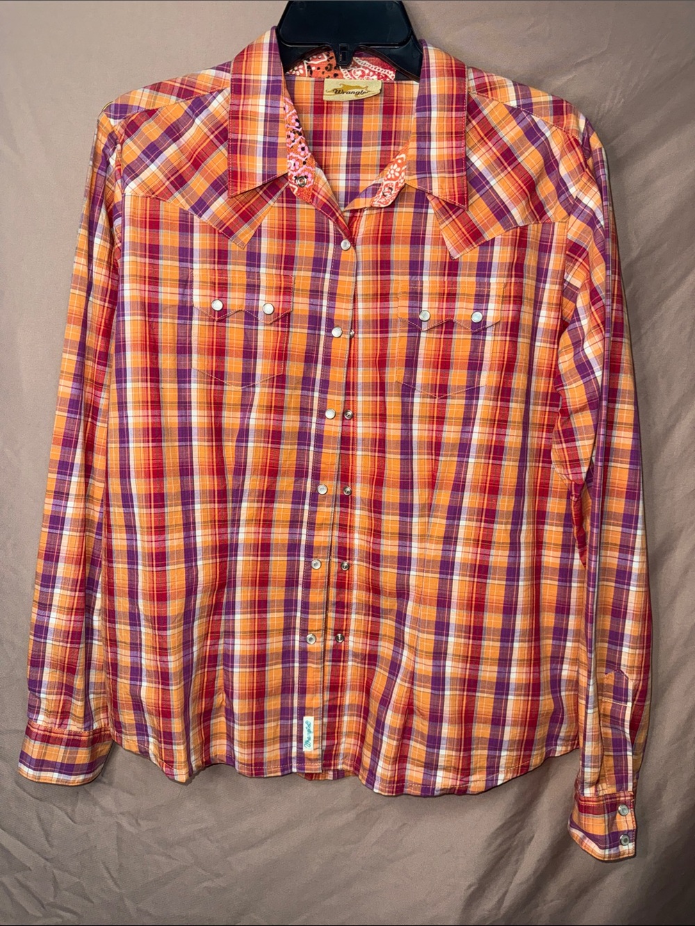 Wrangler Orange Red Yellow Plaid Western Button-Down Shirt